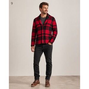 Chaps Sweater Jacket Mens S Red Black Buffalo Plaid Cotton Knit Shawl Collar
